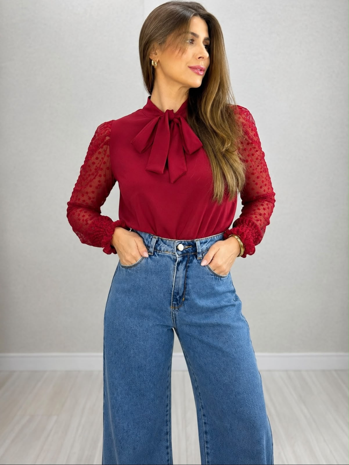 Blusa crepe manga longa em Tule Bordo