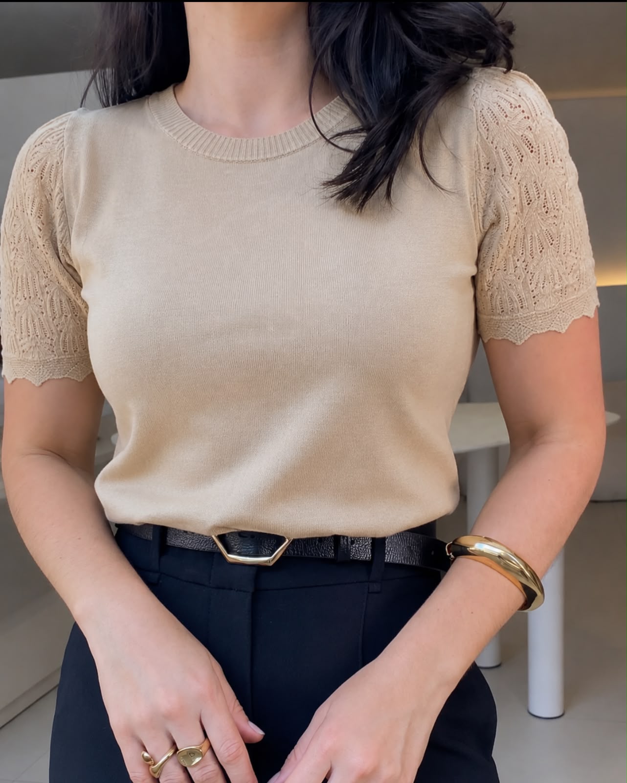 Blusa com manga em tricot Bege