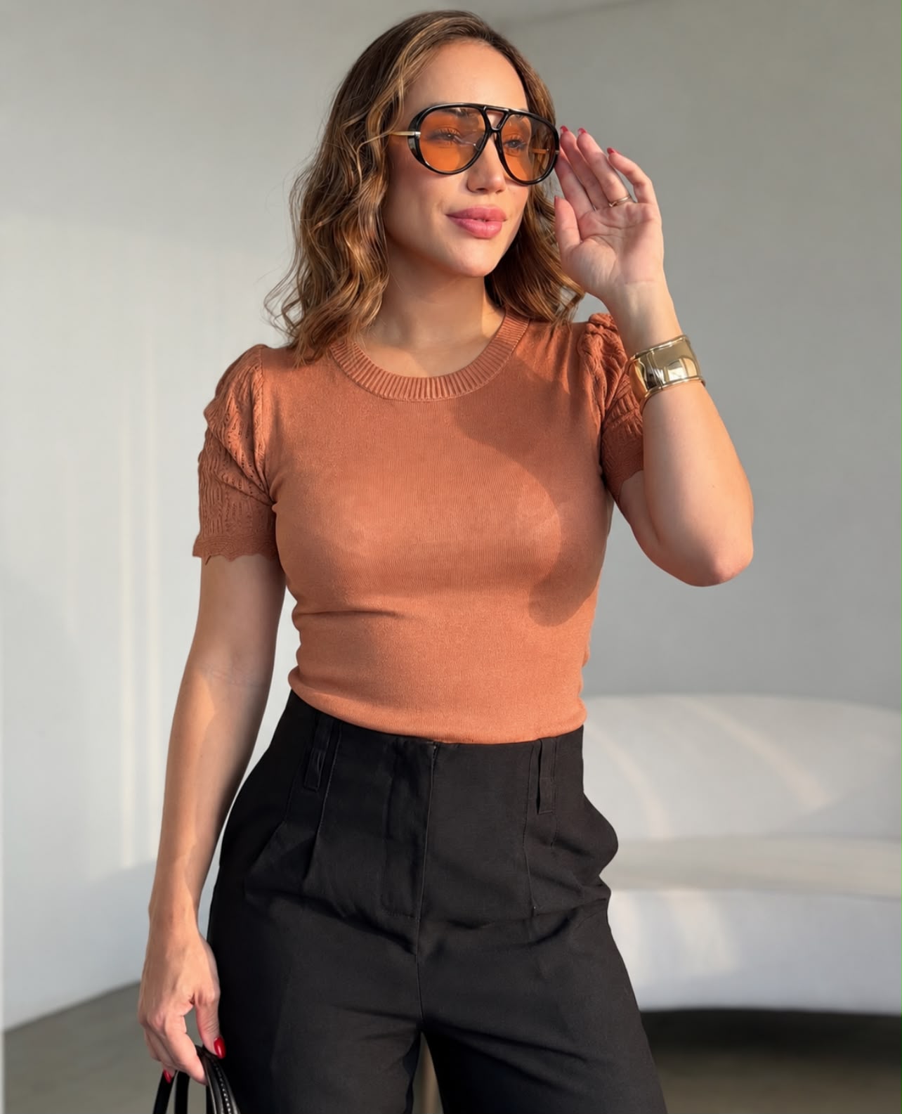 Blusa com manga em tricot Marrom