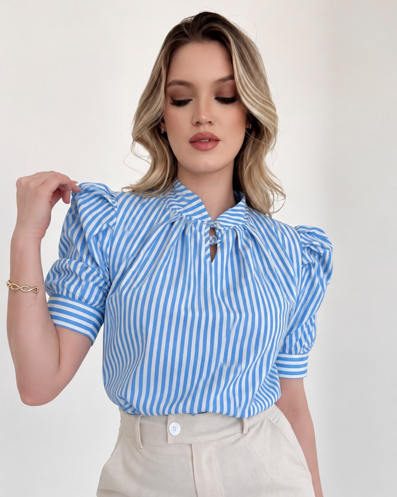 Blusa Listrada Manga Princesa Azul claro