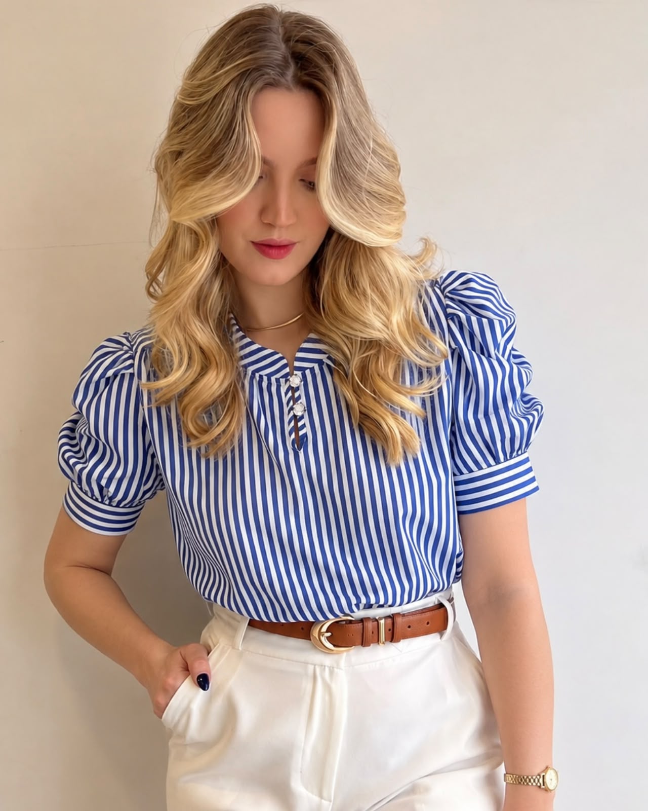 Blusa Listrada Manga Princesa Azul Royal