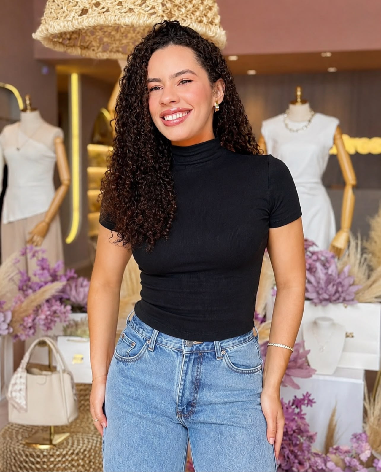 Blusa em malha canelada Garrafinha Preta