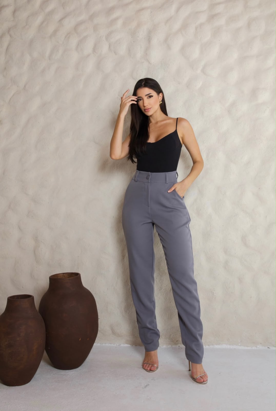 Calça Alfaiataria Cós alto Cinza