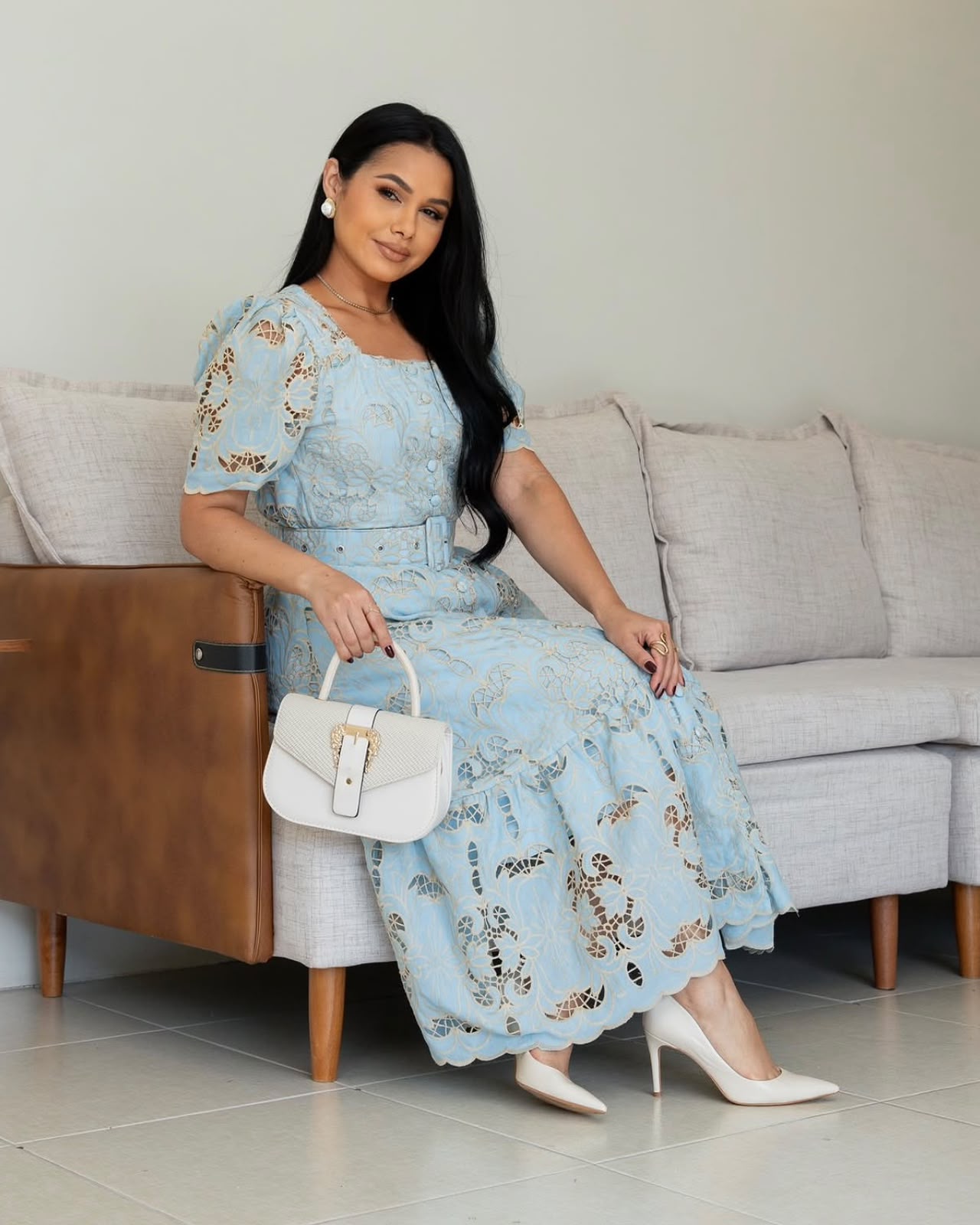 Vestido Midi Lese com Cinto Azul