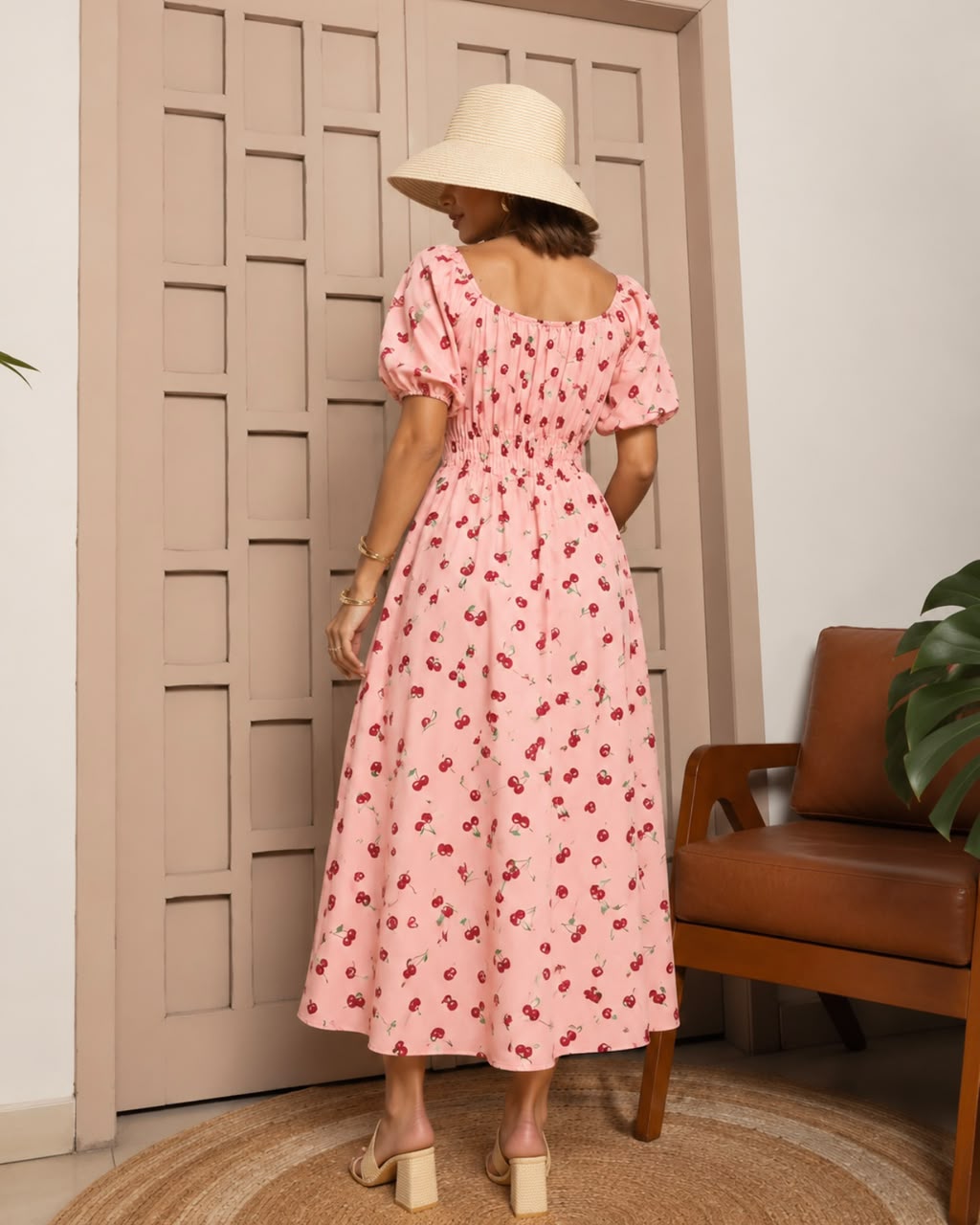 Vestido Midi Camponesa Rosa Cereja