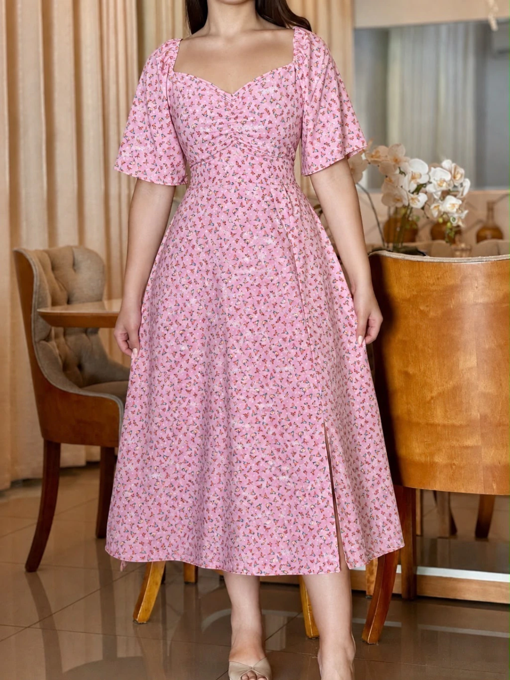 Vestido Midi Camponesa Rosa Com flores