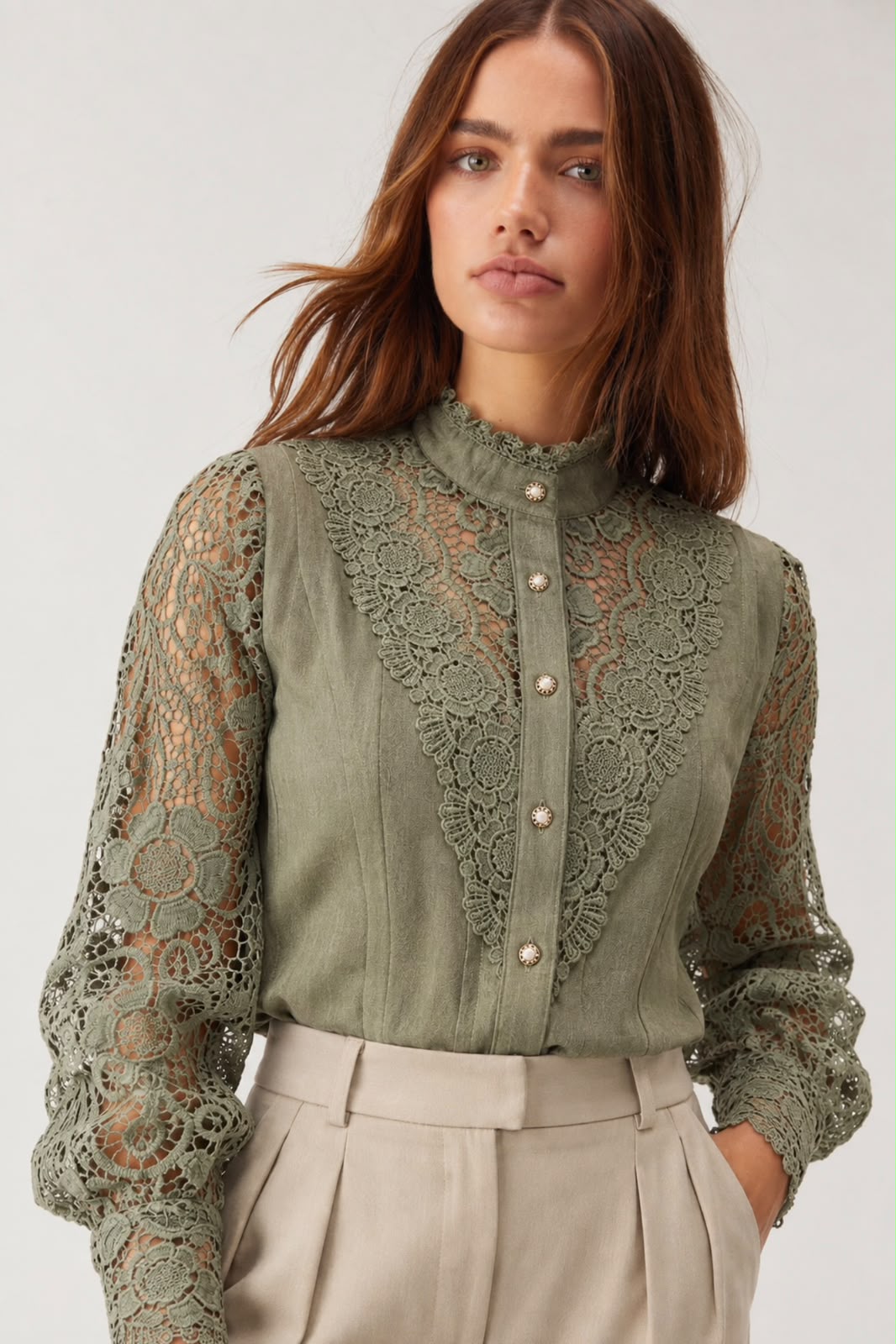 Camisa Luxo com Renda Verde Militar