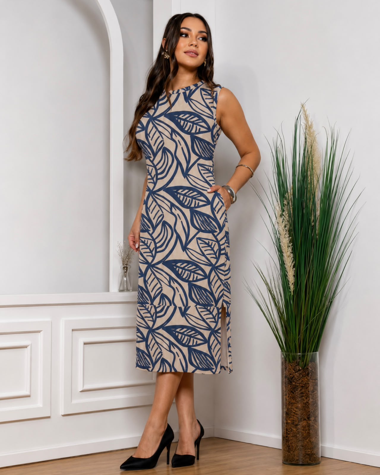 Vestido de Malha estampado sem Manga Azul com Bege
