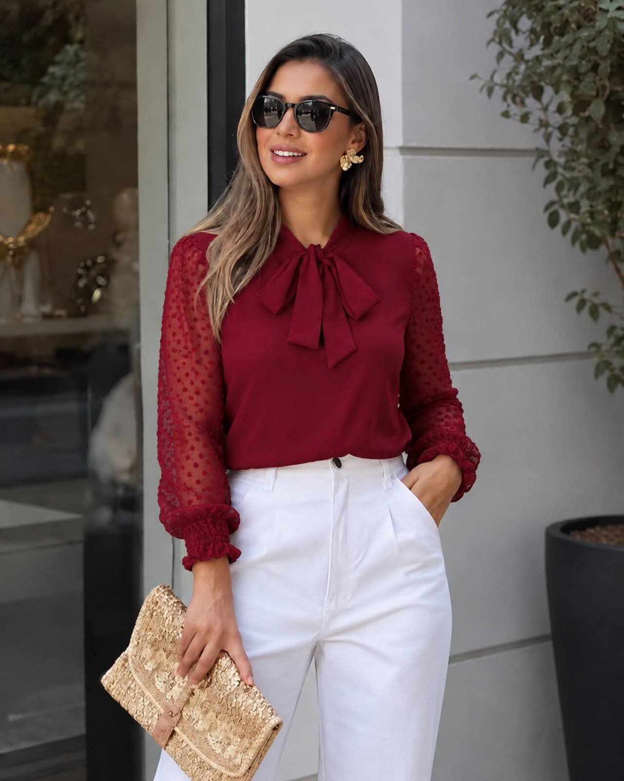 Blusa crepe manga longa em Tule Bordo