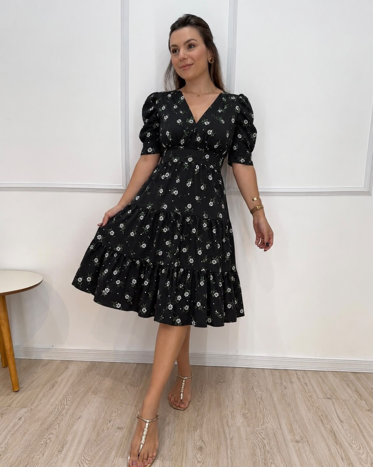 Vestido estampado Gola V Preto