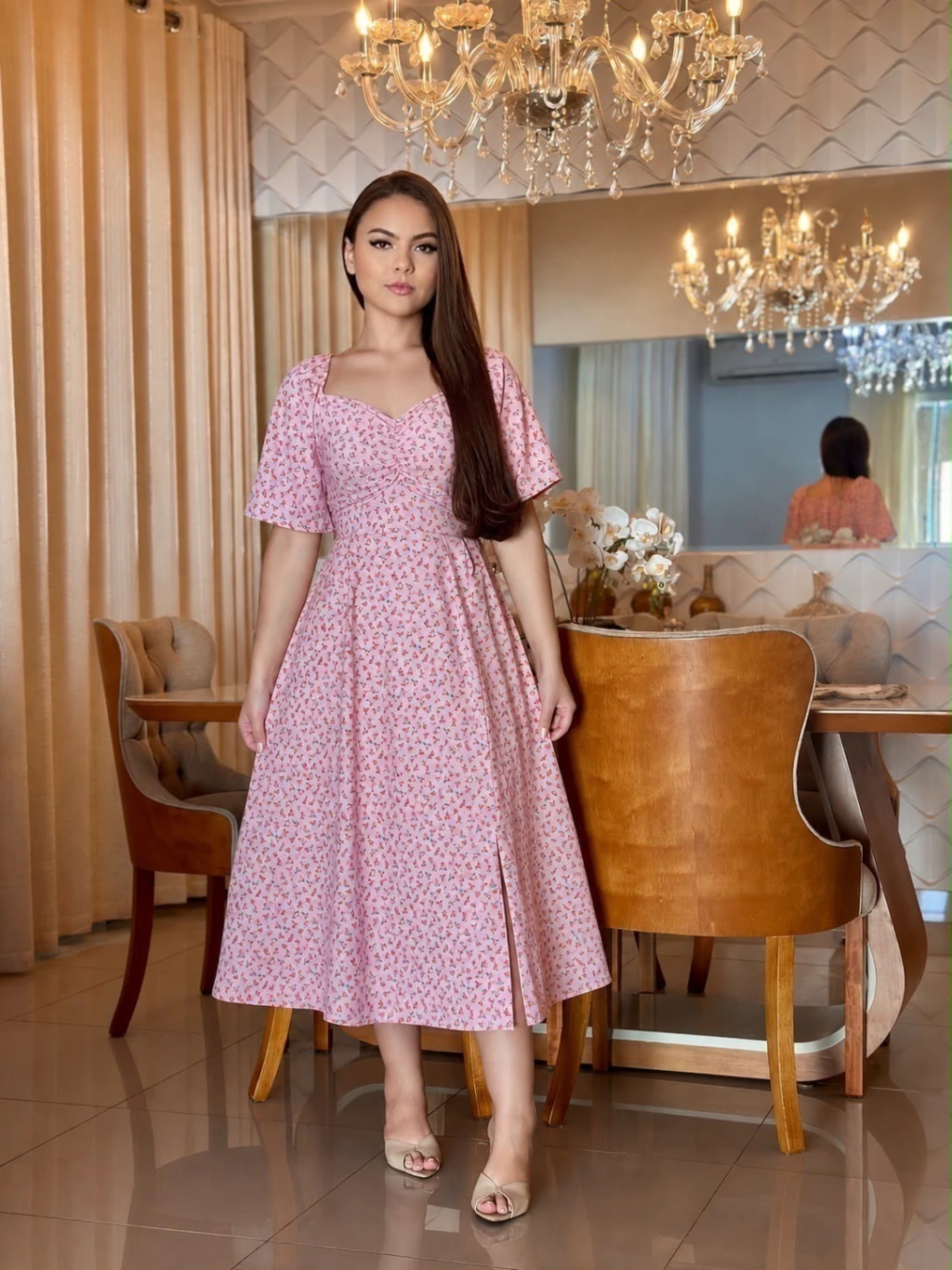 Vestido Midi Camponesa Rosa Com flores