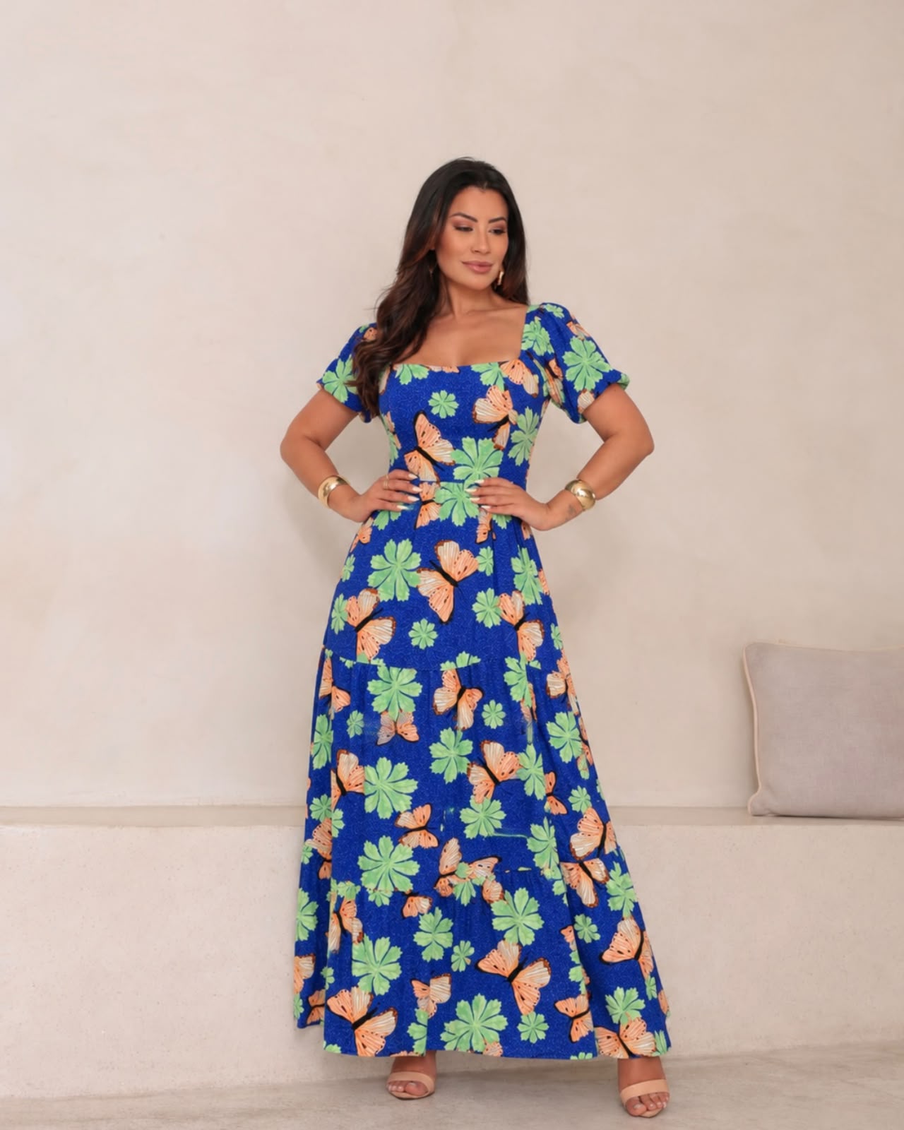 Vestido Longo Com manga Azul Borboletas