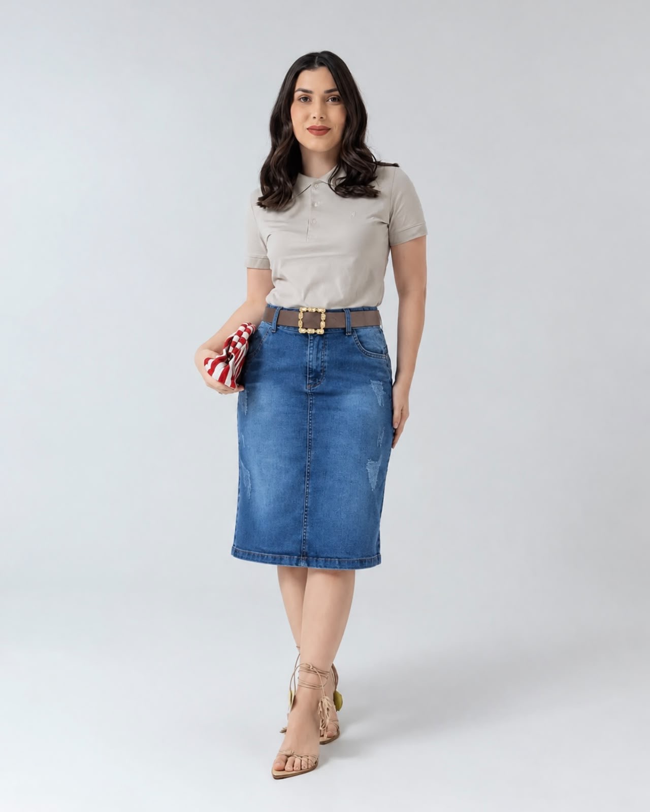 Saia Jeans com Cinto Marrom