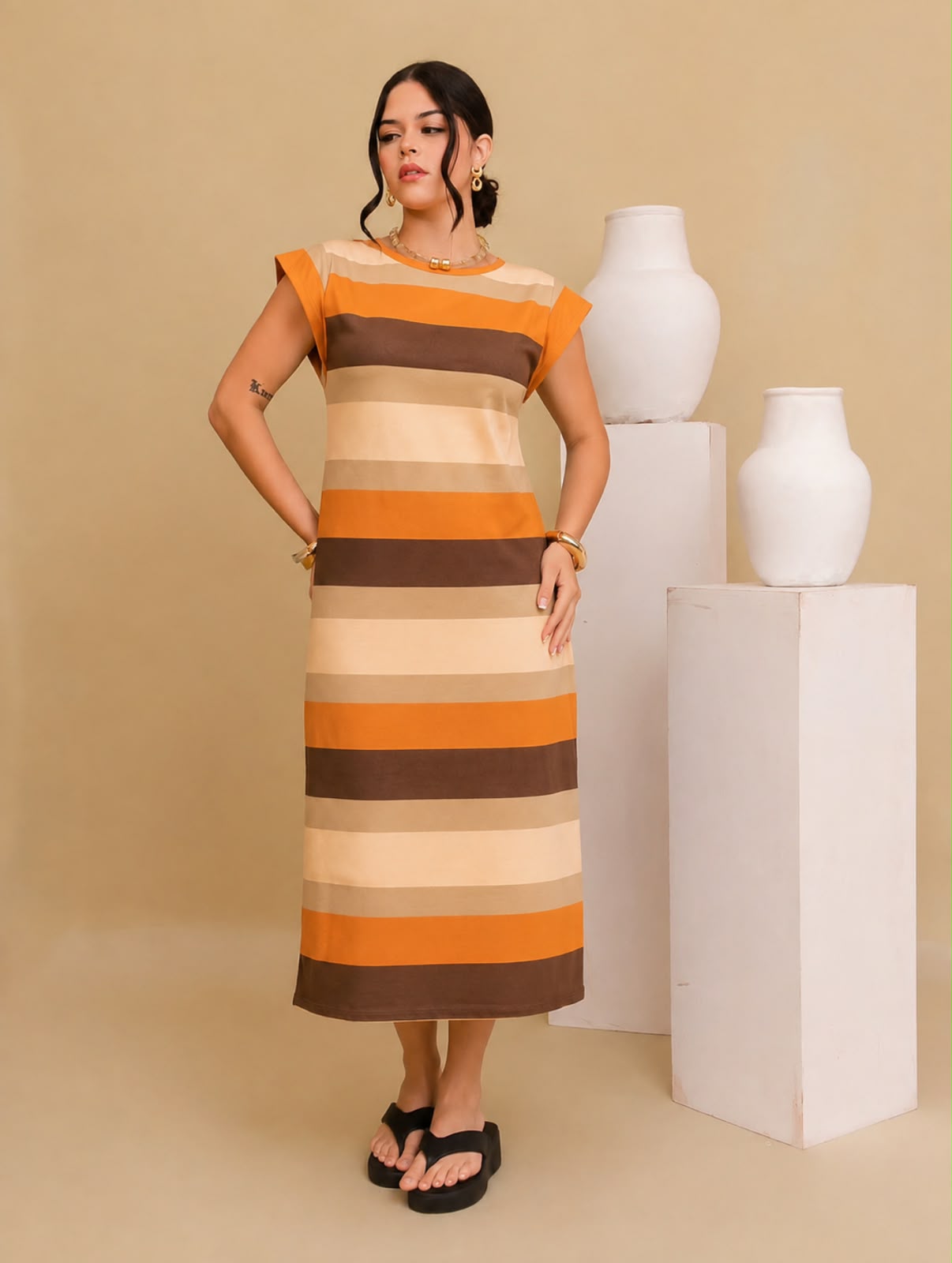 Vestido de Malha Midi listrado Laranja com Marrom