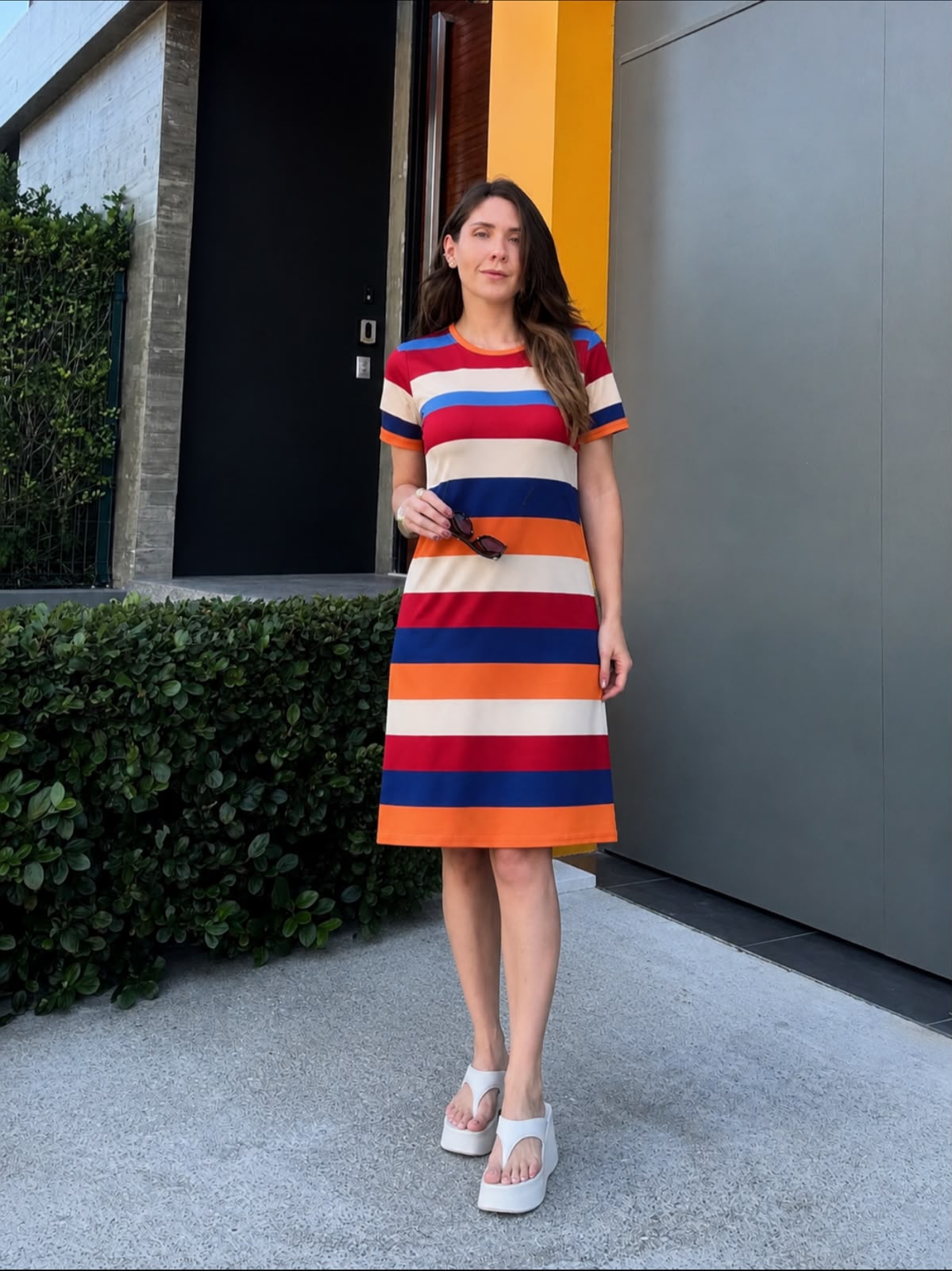 Vestido de Malha Listrado Com Bolso