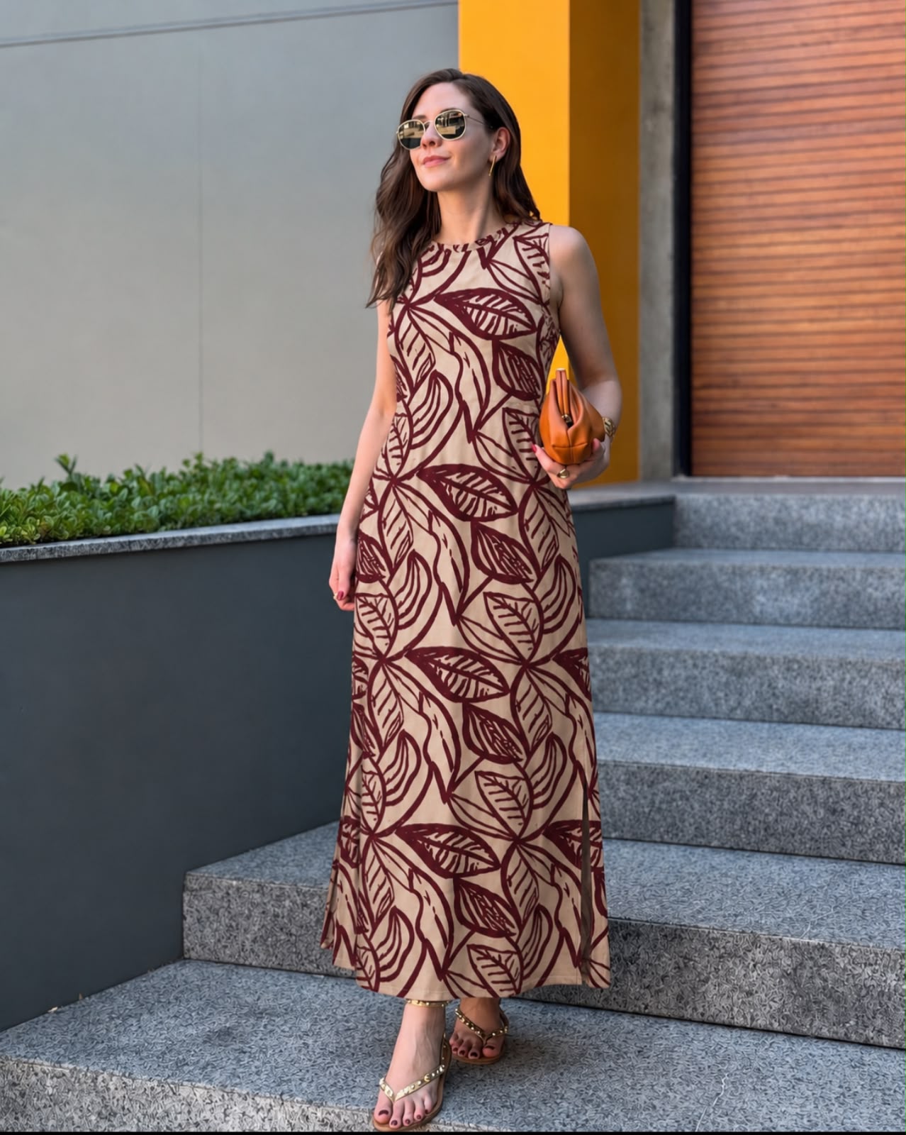 Vestido de Malha estampado sem Manga Vermelho com Bege
