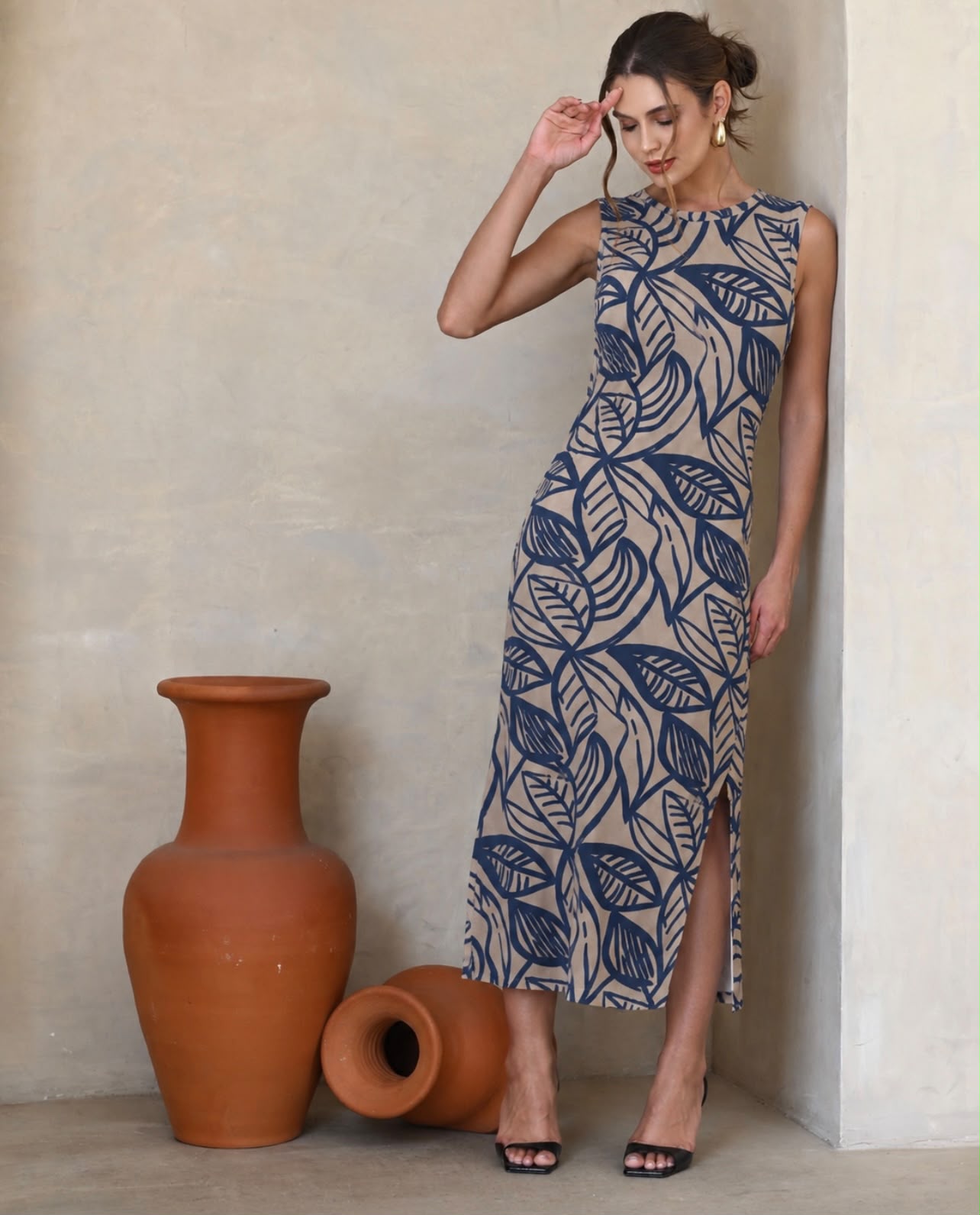 Vestido de Malha estampado sem Manga Azul com Bege