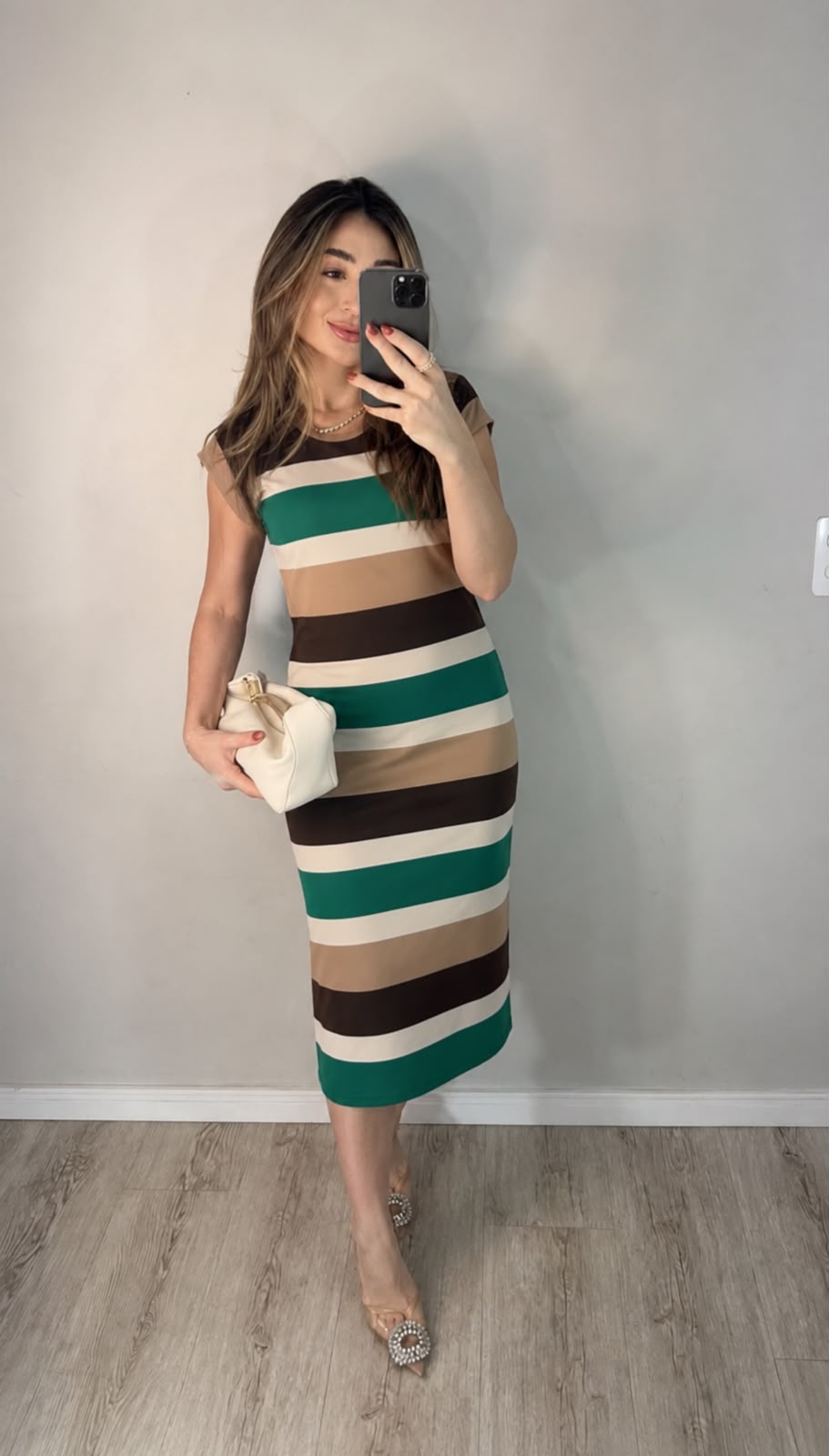 Vestido de Malha Midi listrado Verde com Bege
