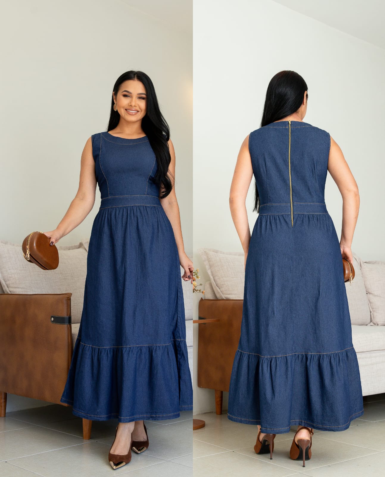 Vestido Jeans Longo Sem Manga