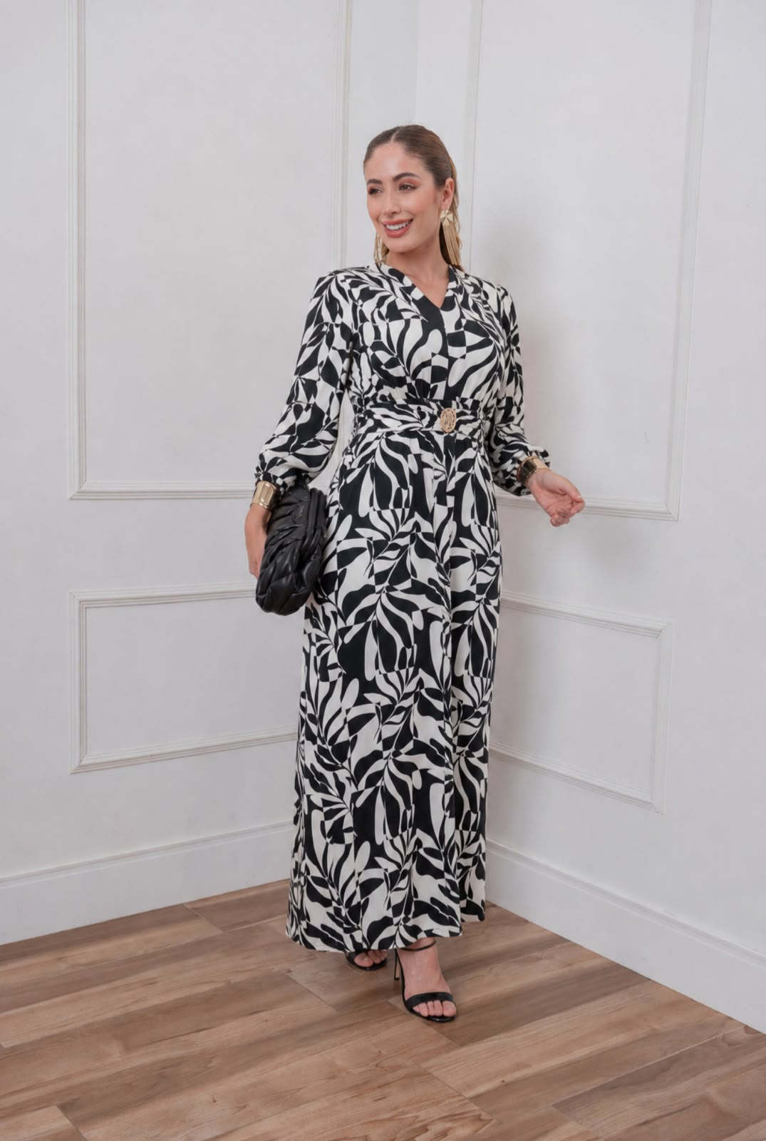 Vestido longo Estampado Fluity Preto com Branco