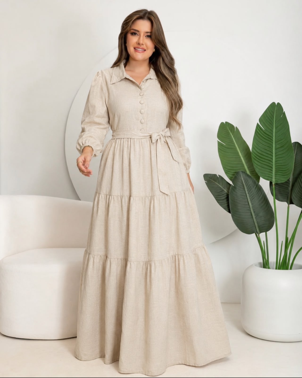 Vestido longo de linho e manga longa