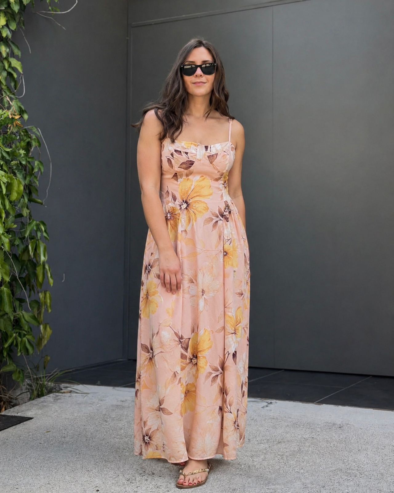 Vestido Longo Estampado Floral Bege