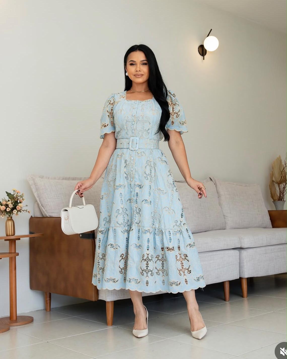 Vestido Midi Lese com Cinto Azul