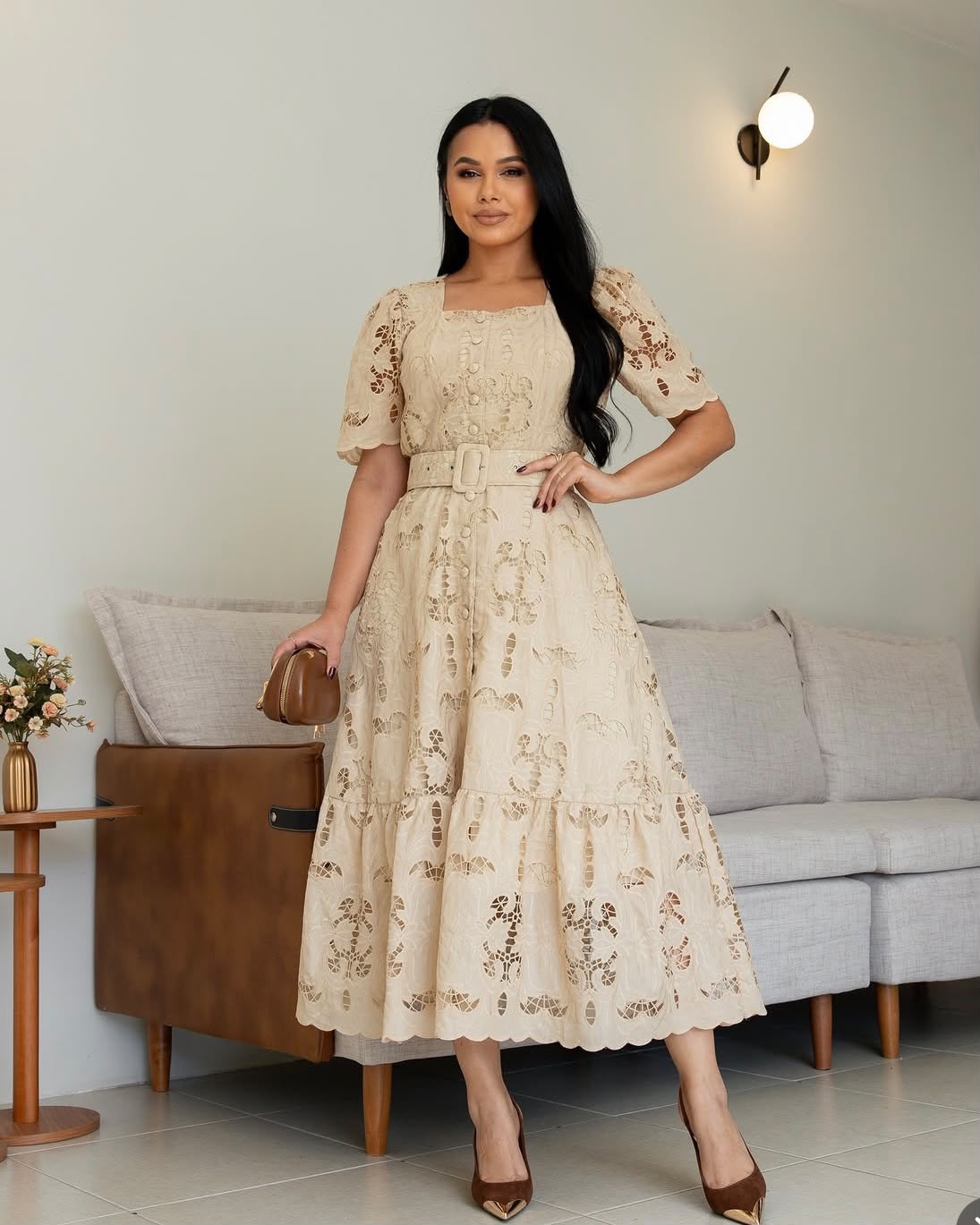 Vestido Midi Lese com Cinto Nude