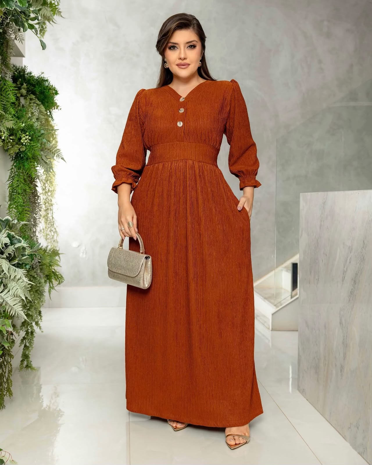 Vestido Longo Texturizado Terra Cota
