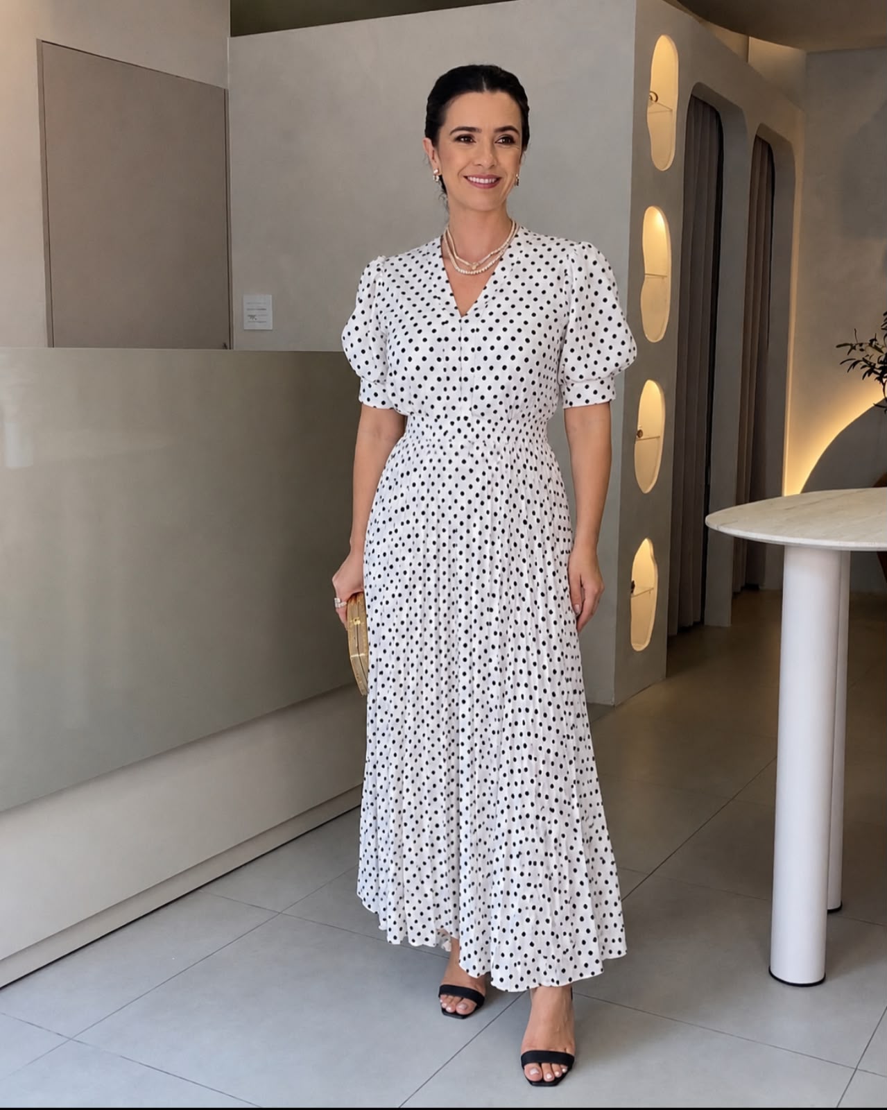 Vestido Longo Poá Plissado